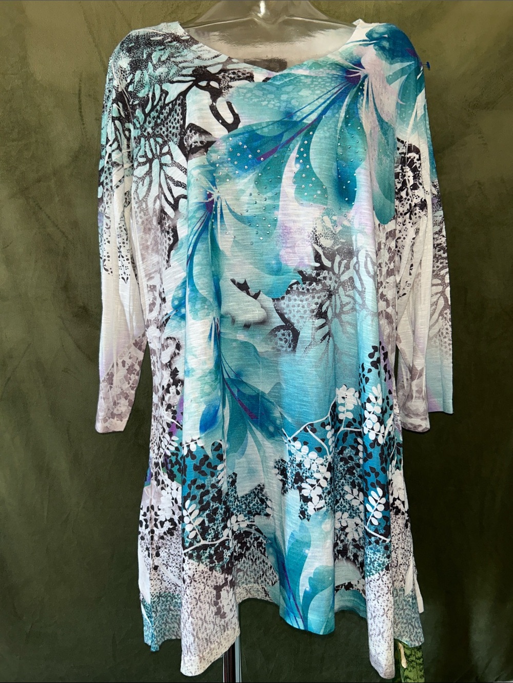 Style & Co. Teal Aqua Floral Long Sleeve Tunic